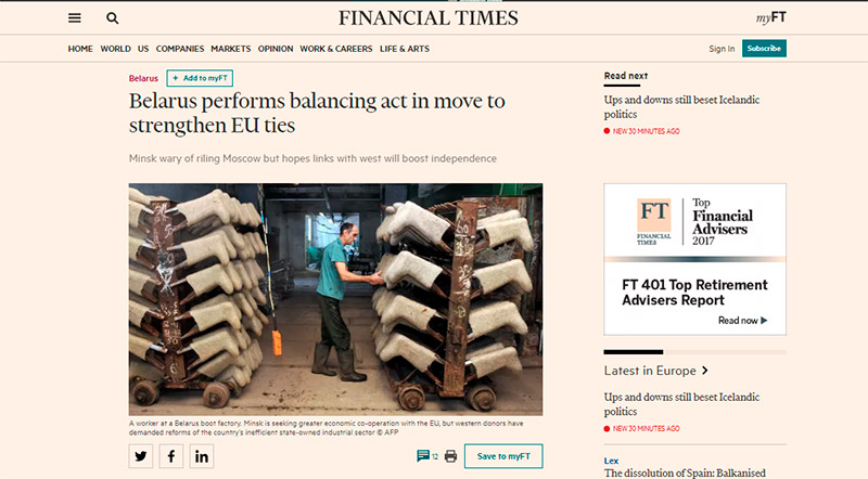 Матэрыял пра Беларусь у Financial Times