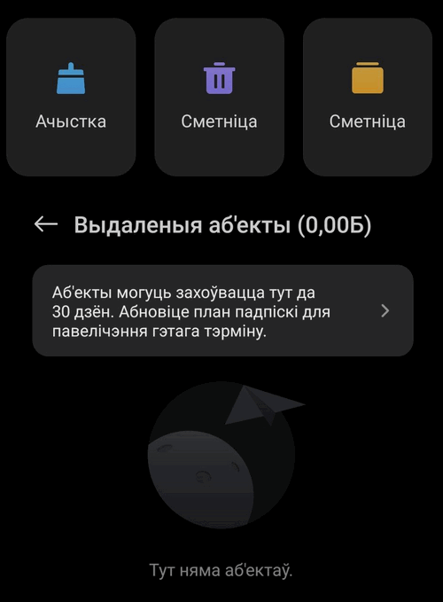 Знешні выгляд папкі «Сметніца» на Xiaomi і тое, як выглядае вычашчаная «Сметніца». У любой мадэлі прынцып будзе такім жа.