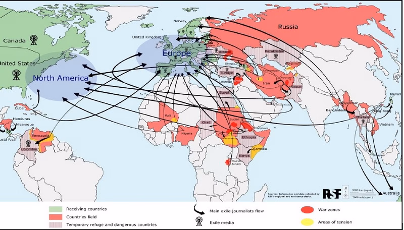 Мапа, распрацаваная «Рэпарцёрамі без межаў», паказвае рух журналістаў з краін, дзе яны падвяргаюцца ціску, у Паўночную і Заходнюю Еўропу і Паўночную Амерыку. Аднак яна не паказвае, што існуе вельмі шмат суседніх краін, якія з'яўляюцца часовым прытулкам